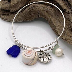 Adjustable Sea Glass Sea Shell Charm Silver Bracelet